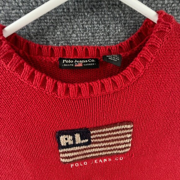 Polo Jeans Ralph Lauren Red Knit Pullover Flag Sweater RL Embroidered Large - Picture 9 of 16